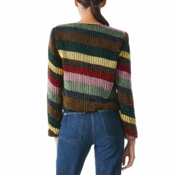 NWT Alice + Olivia Sequin Silk Rainbow-Striped Kidman Cropped Jacket - Picture 6 of 8